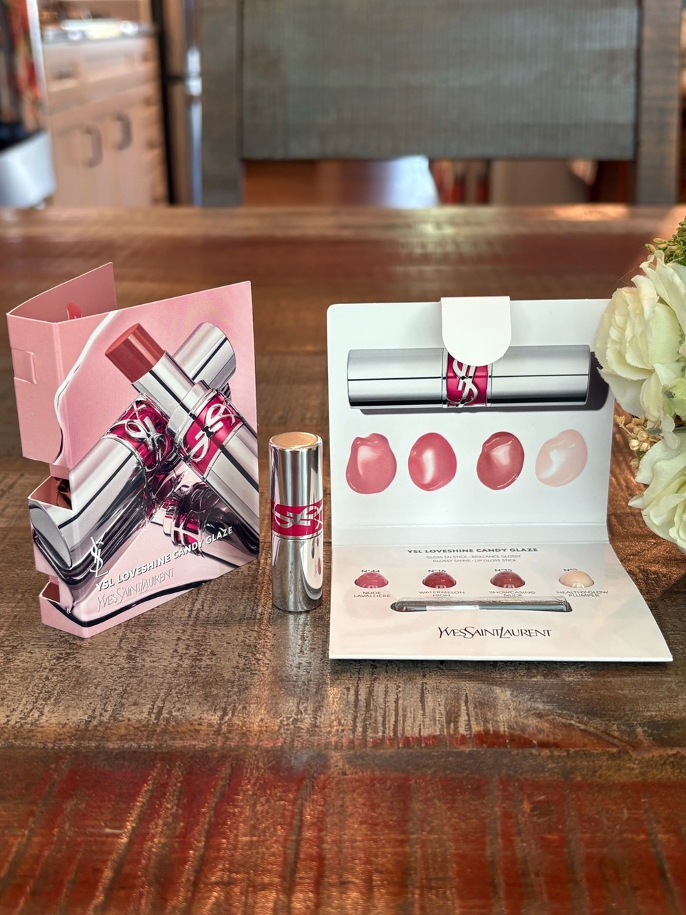 New YSL Loveshine CANDY GLAZE Lip Gloss Stick in SALTED CARAMEL + Sample Card!